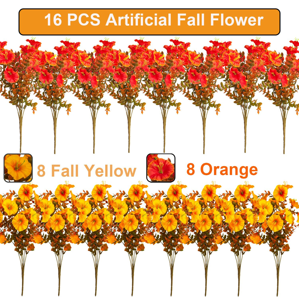 Grunyia 16 PCS Outdoor Fall Artificial Flower - Autumn Thanksgiving Halloween Porch Decor, Faux UV-Resistant Plants for Front Door, Wall, Fence, Fireplace Mantel Decorations