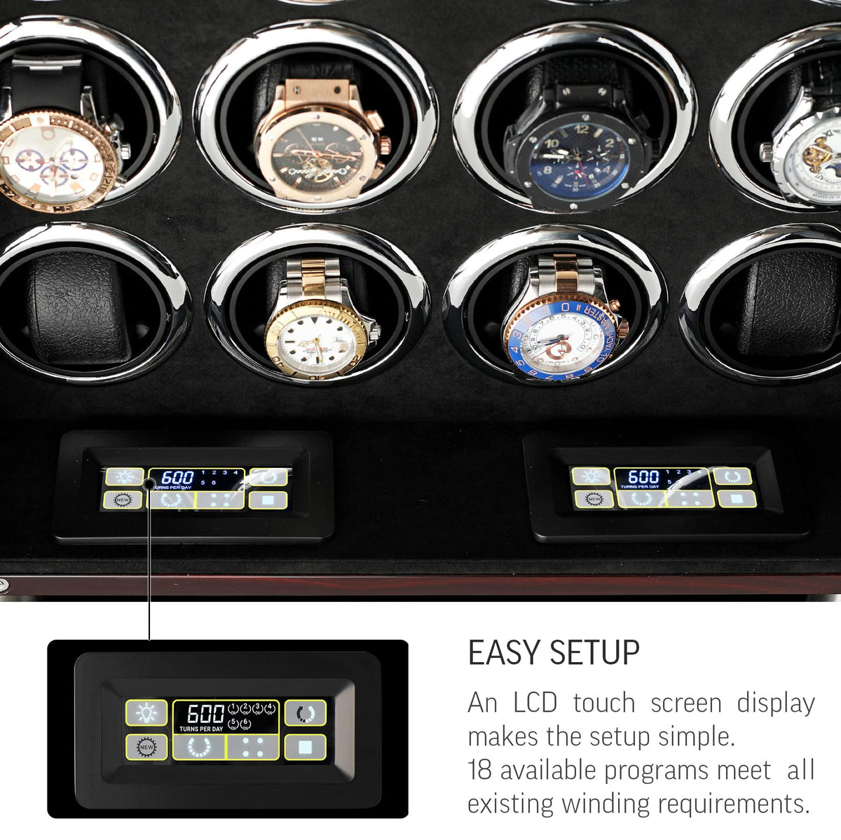 12 Watch Winder for Automatic Watches with LED Light and LCD Touchscreen Control (White)