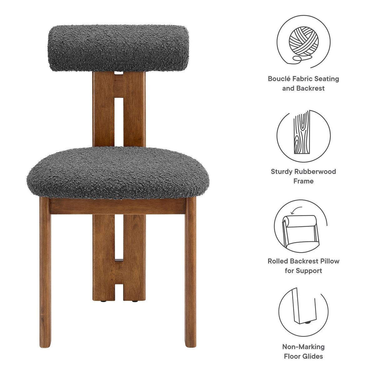 Modway Torian Upholstered Boucle Dining Chairs Set of 2 in Walnut Charcoal - 3-Legged Farmhouse Kitchen Chairs - Mid-Century Modern Armless Accent Chairs - Comfortable Side Chairs with Wood Legs