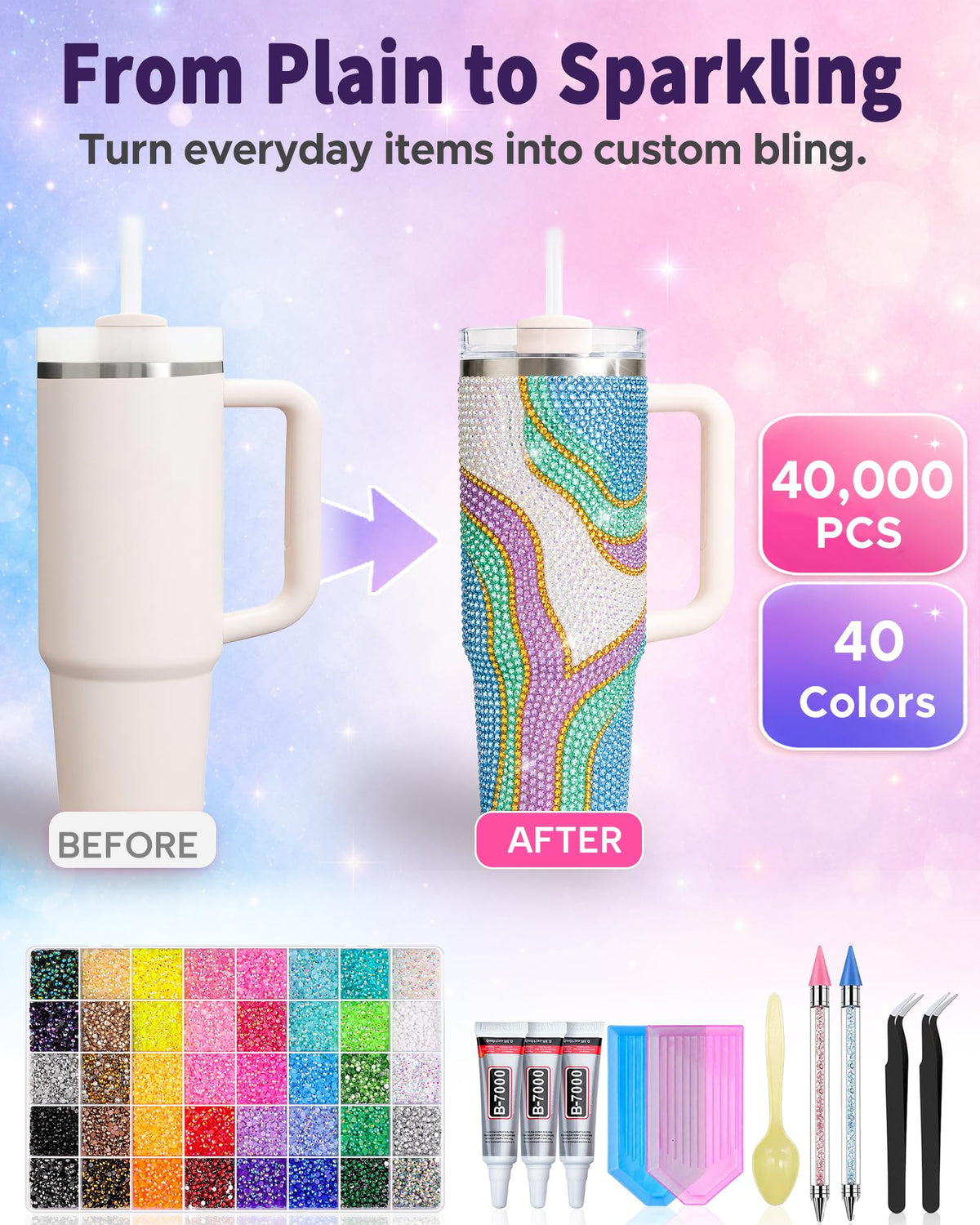 Lacuewa 40 Colors Rhinestone Kit for Bedazzling, 40000 Pcs 3mm Flatback Resin Jelly Rhinestones, All-in-One Bedazzling Kit with 3 Pcs B7000 Glue and Tools for Tumblers, Phone Cases, DIY Crafts