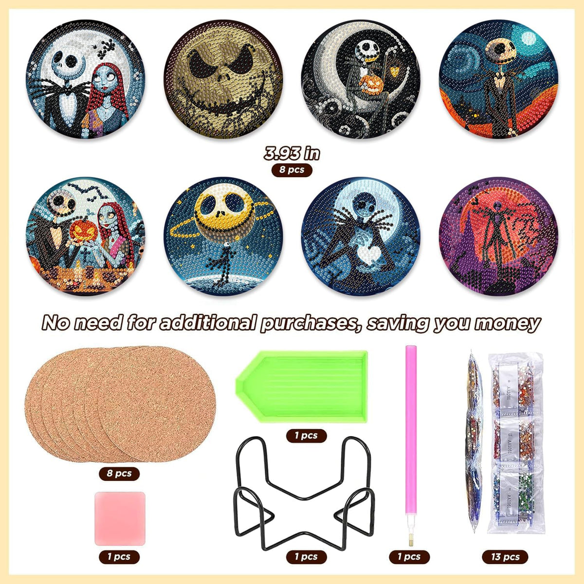 8 Pcs Halloween Diamond Painting Coasters Kits for Adults Beginners, DIY Horror Skull Diamond Art Coasters with Holder, Full Drill Rhinestone Painting Coaster Kits for Supplies Gifts 4X4 Inch.