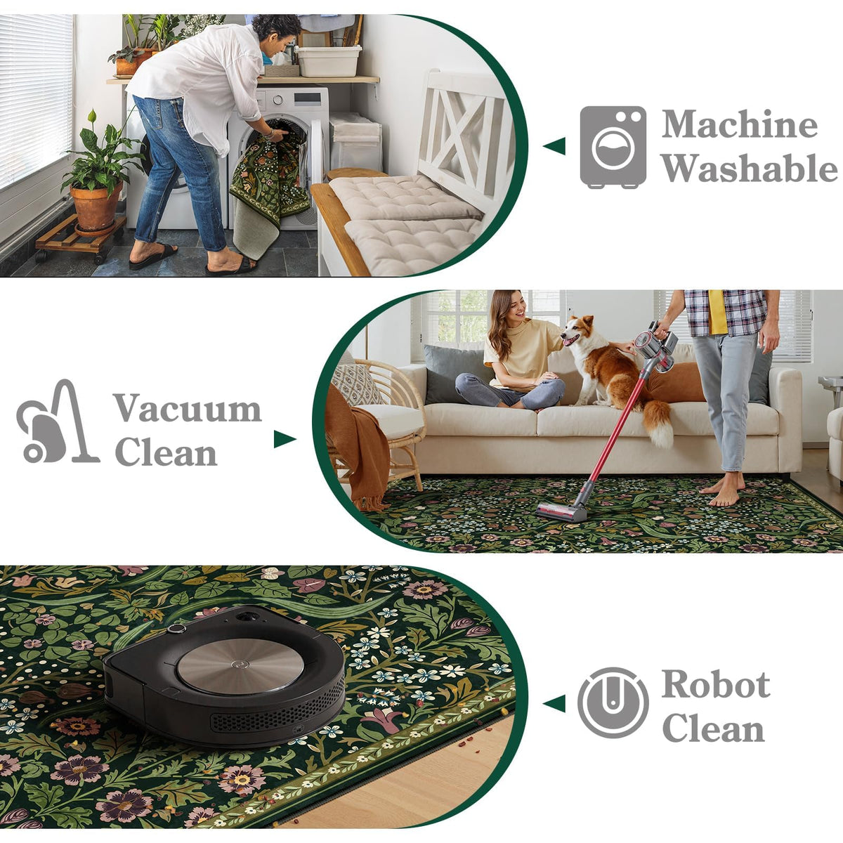 Moynesa Floral Washable 5x7 Rug, Green Area Rugs for Living Room, Non Slip Boho Dining Room Rug Under Table, Botanical Ultra Thin Floor Carpet for Bedroom Home Office, Green