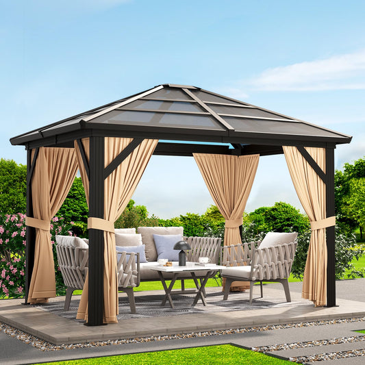 10' x 12' Hardtop Gazebo, Permanent Outdoor Pavilion with Single-Tier Hardtop Roof, Thickened Mosquito Netting, Double Track & Double Zipper Design for Patio, Lawn, Garden, Brown