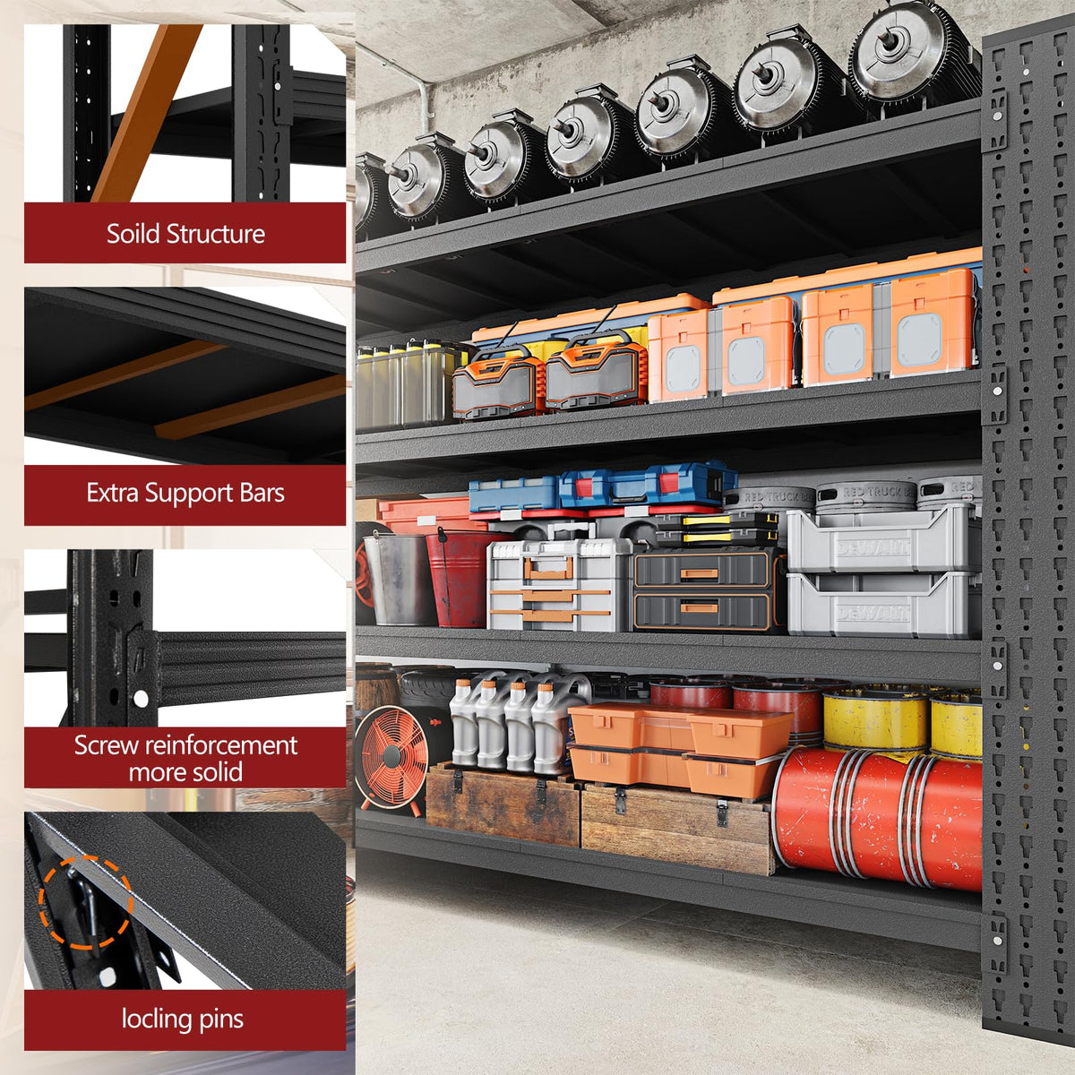 RAVIGIN 9000LBS Storage Shelves, 75" W Garage Shelving Heavy Duty Metal Adjustable Garage Shelves, Shelving Units Industrial Shelving for Warehouse, 75" W x 24" D x 70" H, Black