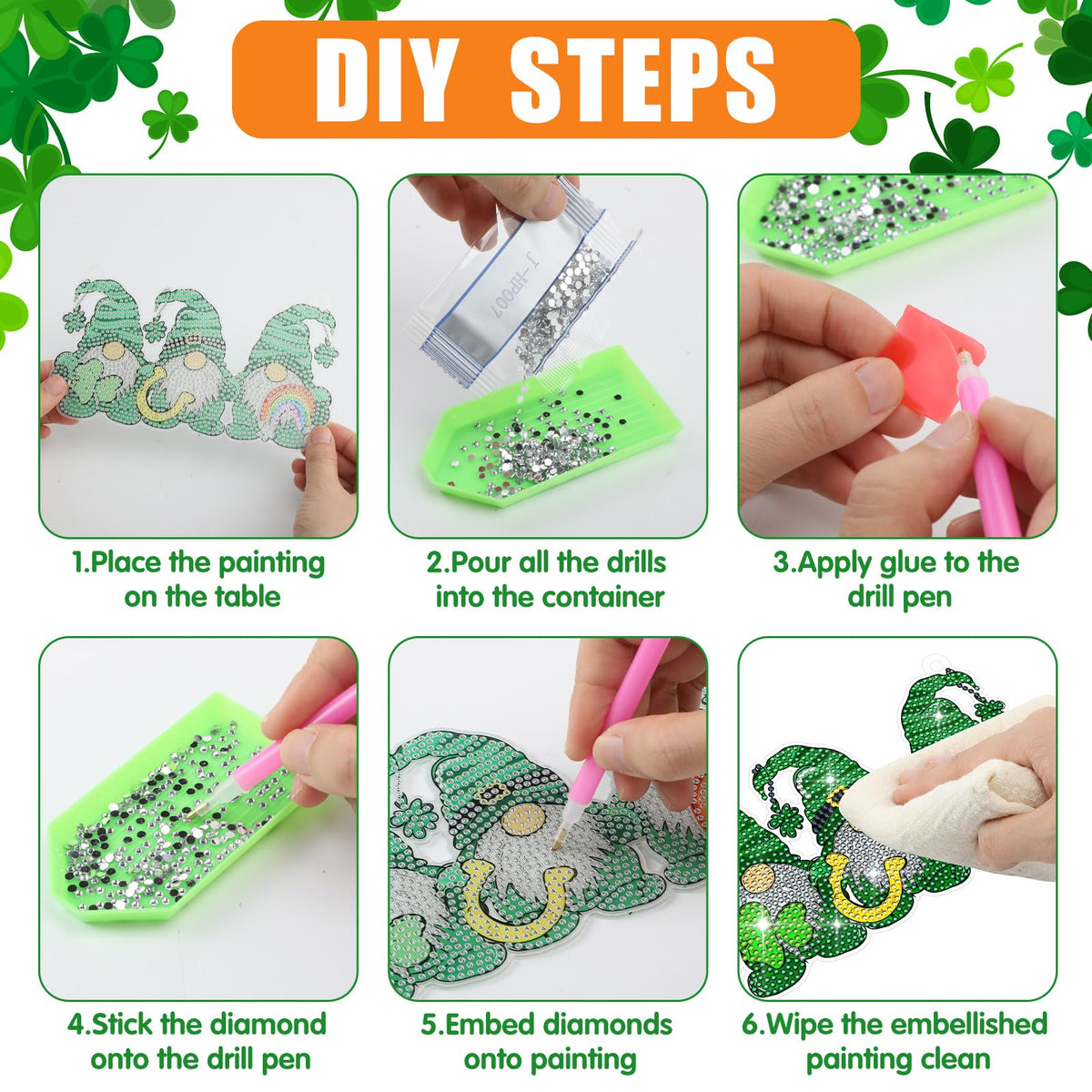 Burbell 3Pcs St. Patrick's Day Diamond Painting Kit Patrick's Green Lucky Shamrock Gnome Truck Diamond Art Kits Hanging Sign 5d DIY Irish Rhinestone Art Painting for Wall Windows Door