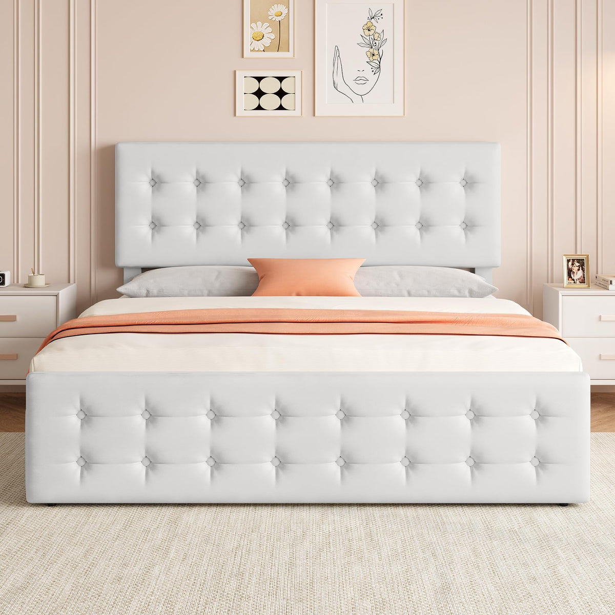 GarveeHome King Size Bed Frame with 4 Storage Drawers and Faux Leather Upholstered Headboard, Wooden Slats Support, Button Tufted Design, No Box Spring Needed, White