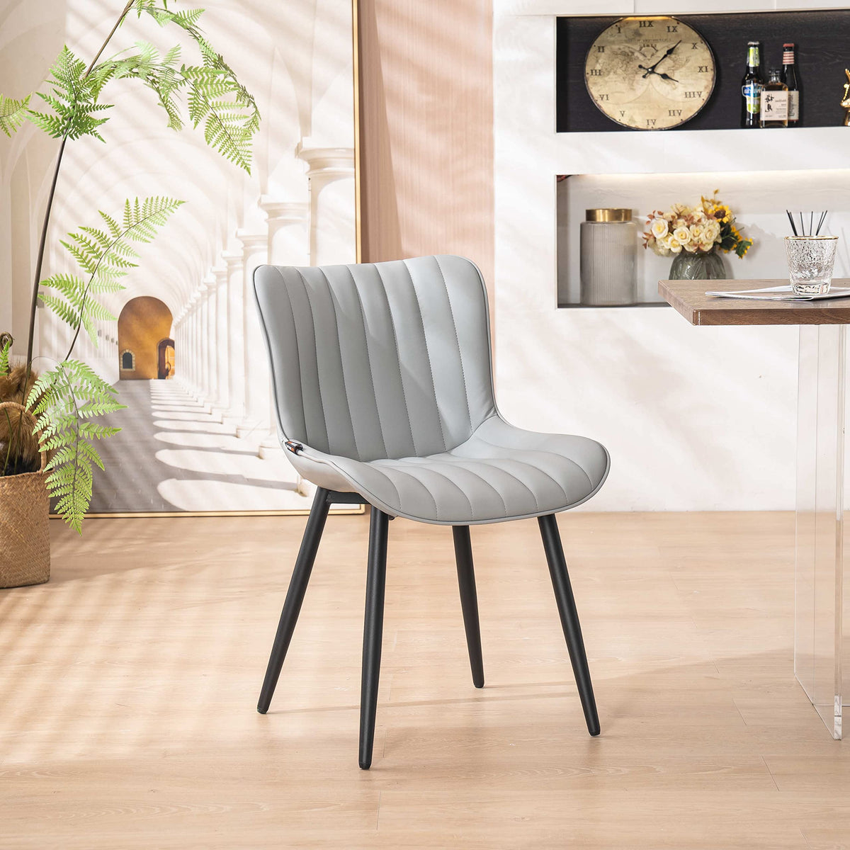 YOUNUOKE Mid-Century Modern Dining Chairs Set of 2, Grey PU Leather Upholstered Kitchen Chairs with Black Metal Legs, Armless Accent Chair for Dining Room, Guest Reception Room
