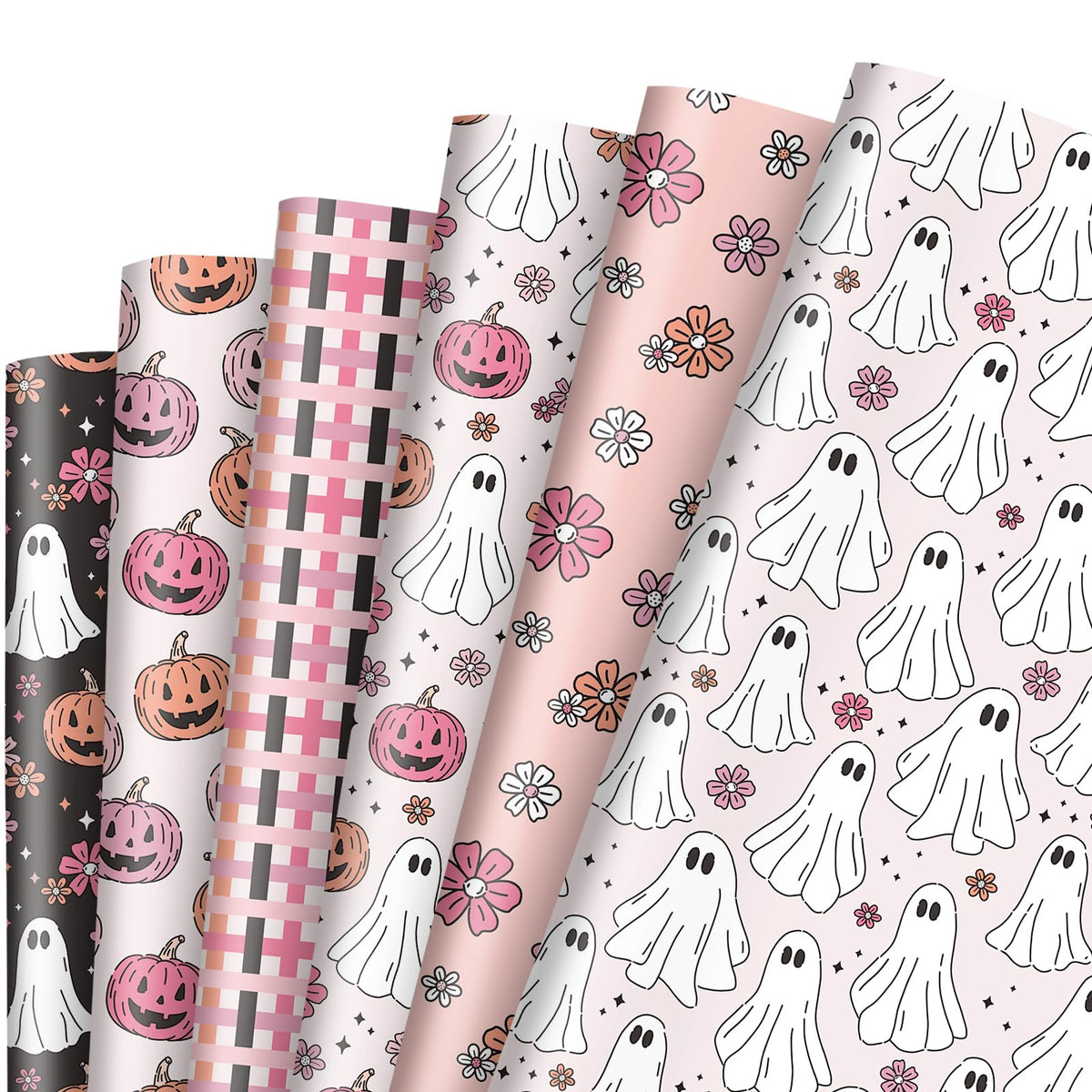 12 Sheets Halloween Wrapping Paper - Not Roll - Pink White Ghost Pumpkin Gift Wrap Paper Folded Flat Cute Art Paper for DIY Crafts, 19.7 x 27.6 Inch