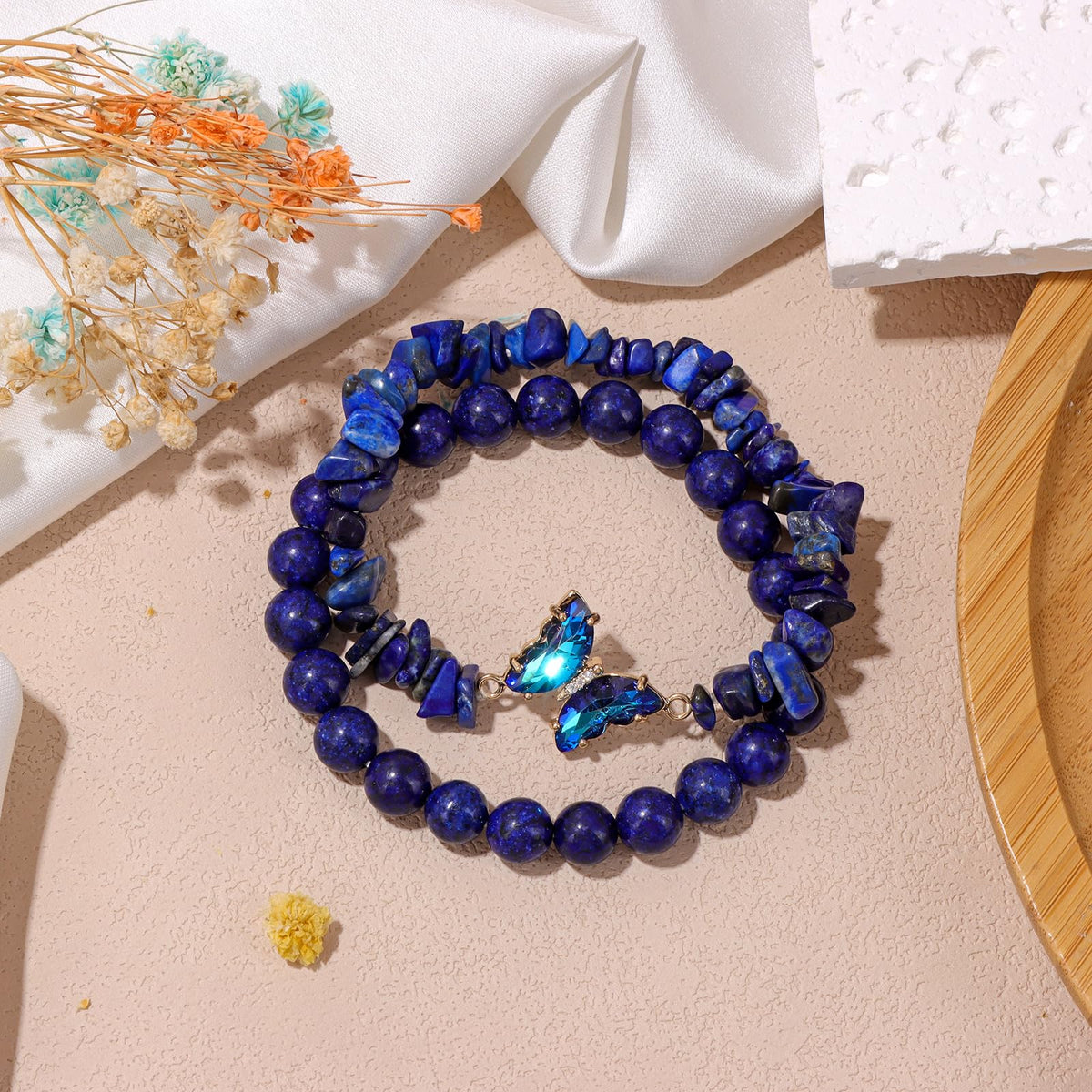 GolbalJew Lapis Lazuli Stone Bracelet for Women Healing Crystal Stone Bracelets Blue Gemstone Beads Stretch Bracelet Butterfly Charms Jewelry Women Gift
