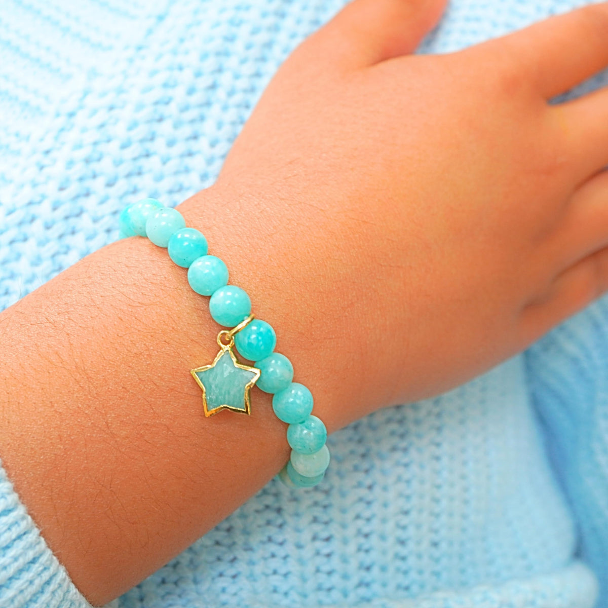 Amazonite Bracelet Birthday Favors for Kids, Toddler Bracelet with Certified 925 Sterling Silver 18K Gold Vermeil Amazonite Crystal Star Charm