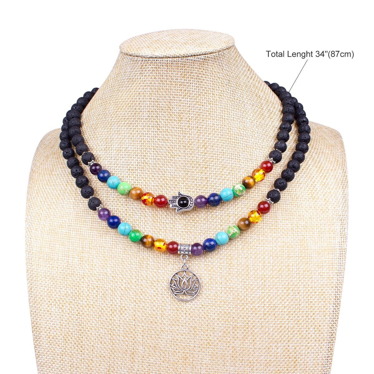 Addmluck 108 Mala Beads Necklace 7 Chakra Tree of Life Pendant Prayer Buddha Bracelets Healing Stone Yoga Men Women Jewelry(Natural lava beads)