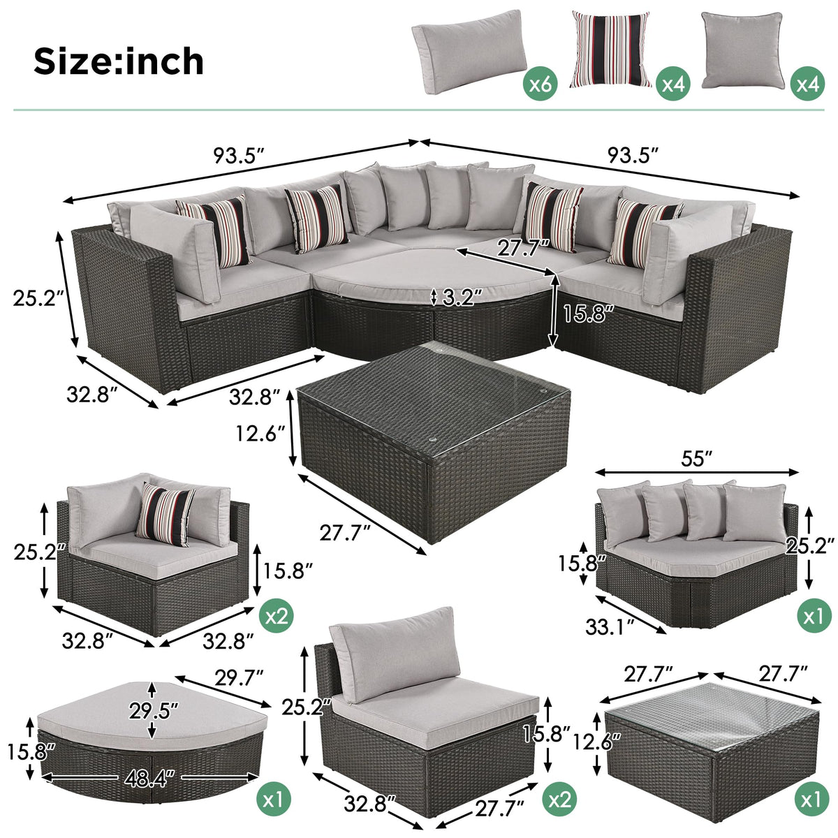 Merax 7 Pieces Outdoor Patio Furniture, 6 Seat Wicker Sectional Lounger Sofa Chair Set with Table, All Weather Rattan Conversation Sleeper Couch Bed Sets for Garden Poolside, Cushions & Pillows, Beige