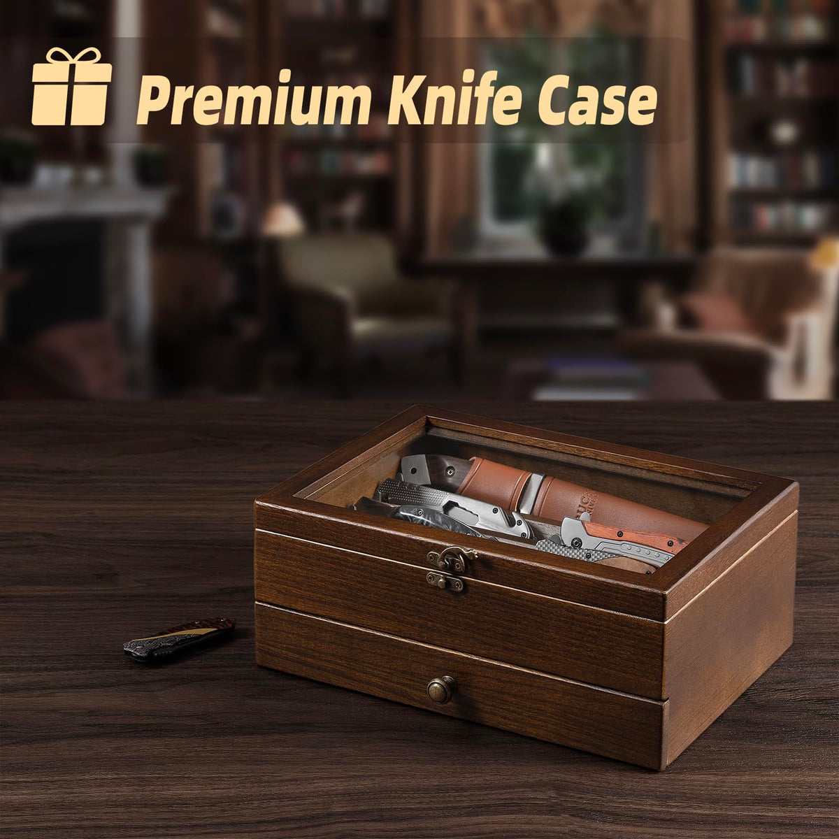 Knife Display Case Knife Collection Display Holder with Glass Lid, 2-Layer Wooden Pocket Knife Case with Drawers