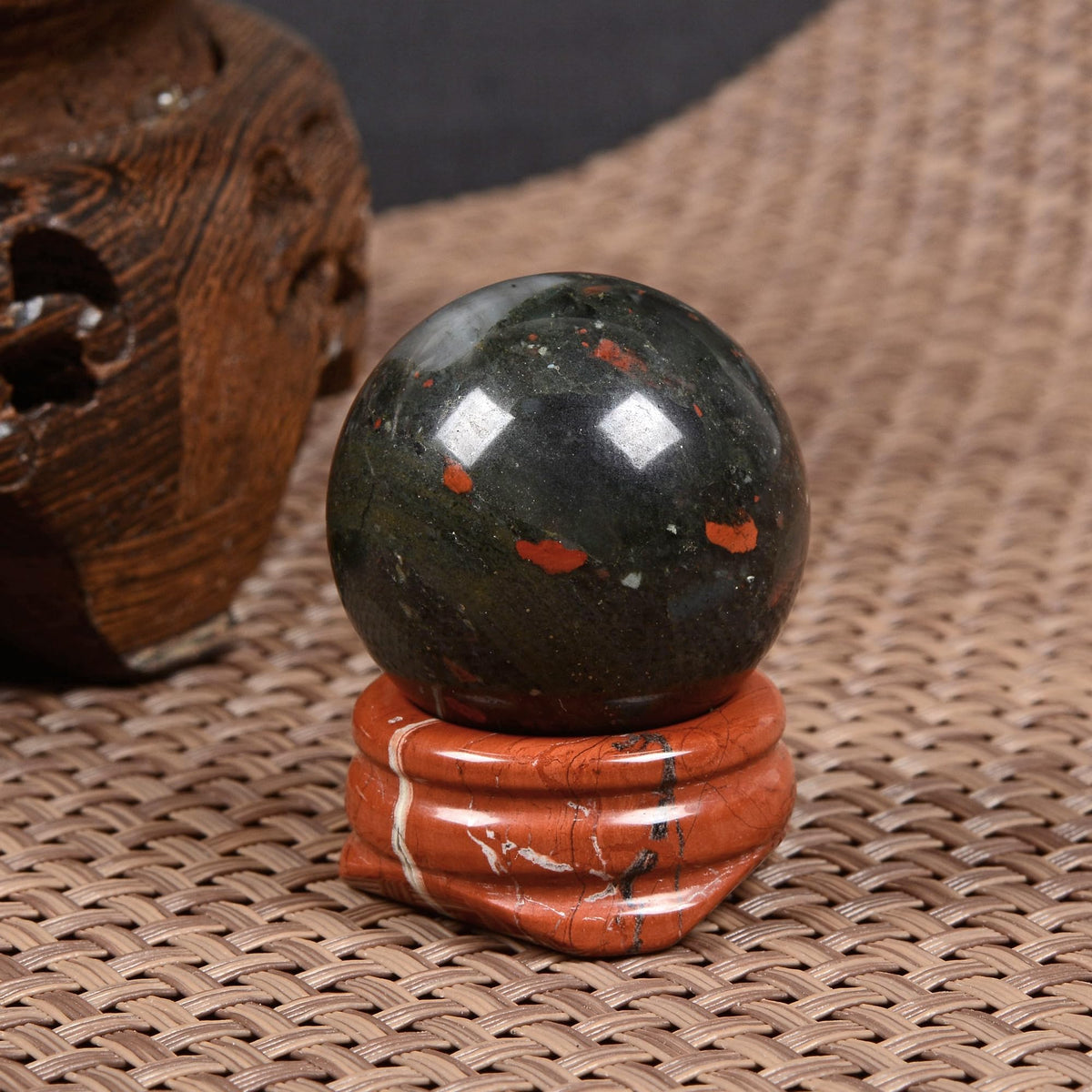 Natural Polished African Bloodstone Sphere with Red Jasper Stand – Handcrafted Gemstone 30mm Ball for Energy Healing, Meditation, and Home Décor