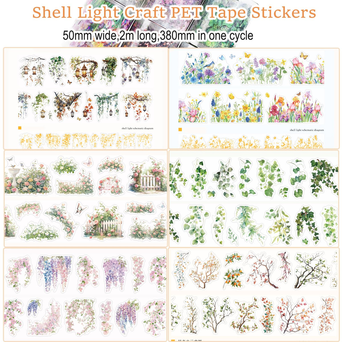 Suntova 6PCS Floral Washi Tape Stickers PET Tape Stickers for Journaling Botanical Flower Decorative Tapes for Crafts Scrapbooking Junk Journal Supplies Bullet Journaling (Flower 1)