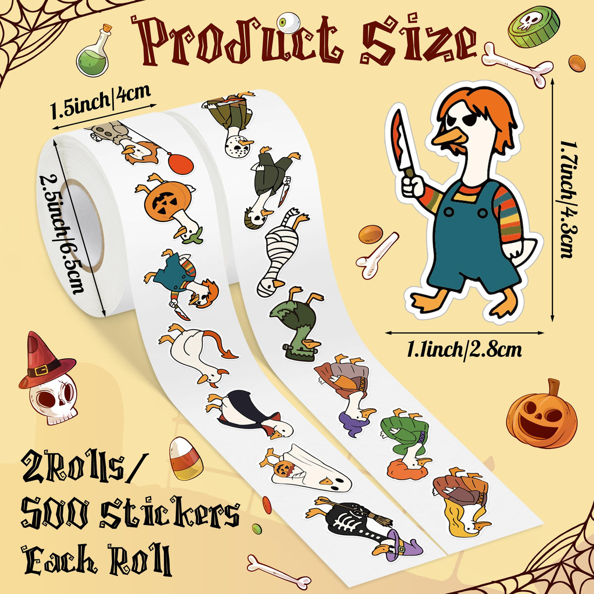 DSjuedui Spooky Goose Stickers Roll – 1000Pcs Funny Cartoon Ghost Pumpkin Goose Waterproof Decoration Decals Gifts for Halloween Christmas Scrapbooking Skateboards Party Birthday Home Decor Laptop