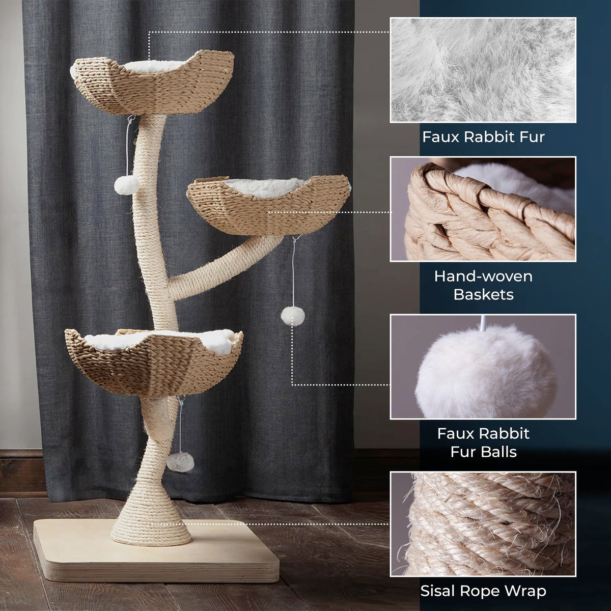 Habitat Haven The Sanctuary Cat Tree - Luxury Cat Condo, Large Modern Indoor Tower with 3 Faux Fur Beds, Scratching Posts, and Toys for Cats, 23-Inch Width x 23-Inch Depth x 52-Inch Height