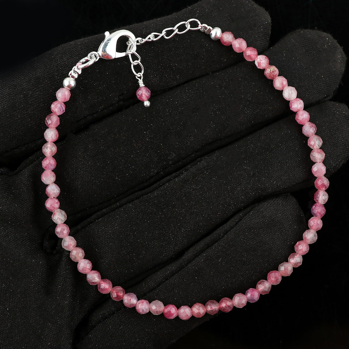CRYSTALINES Natural Pink Tourmaline Gemstone Bracelet, Faceted Beads Stones, Handmade Hypoallergenic Boho Jewelry for Women, Healing Crystals, Adjustable Silver Plated 7+1inch, October Birthday Gift