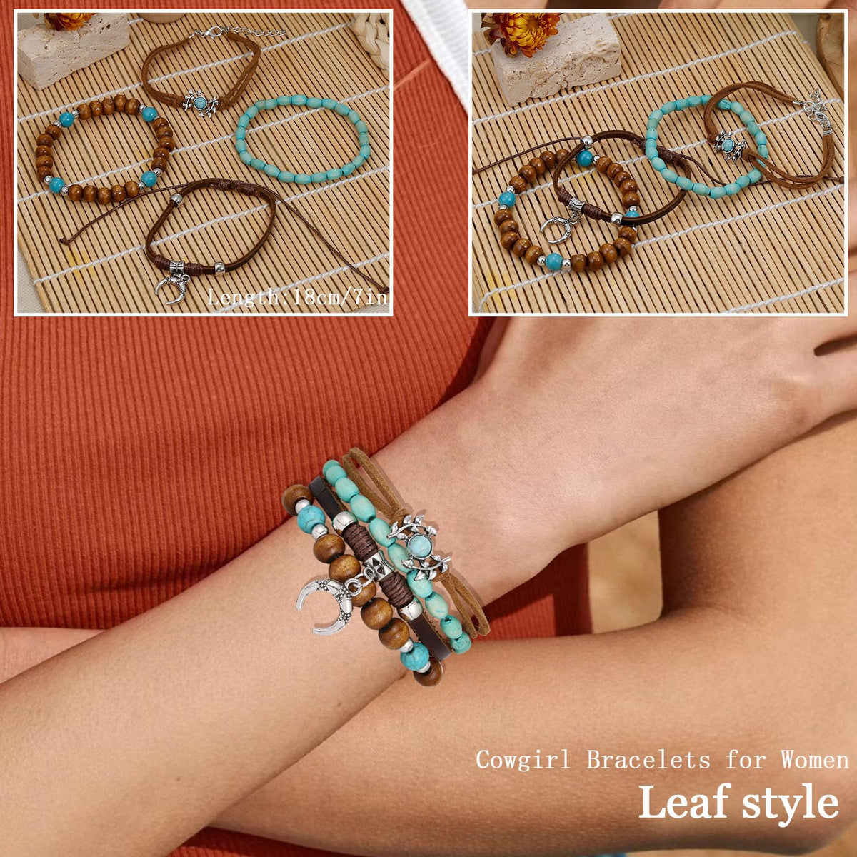 COLOYAN 28PCS Western Bracelets for Women Stackable, Stretch Charm Bohemian Bracelet Stacks, Vintage Turquoise Bead Bracelet Western Jewelry