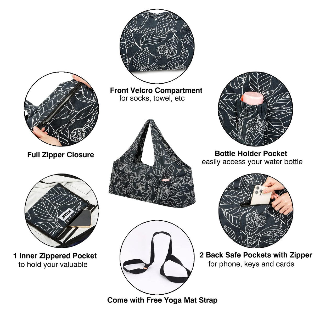 KUAK Extra Large Yoga Mat Bag with Zippered Top & 5 Pockets - Premium Waterproof Fabric Tote with Yoga Mat Carrying Strap for Pilates, Gym, Fitness Block & Gear