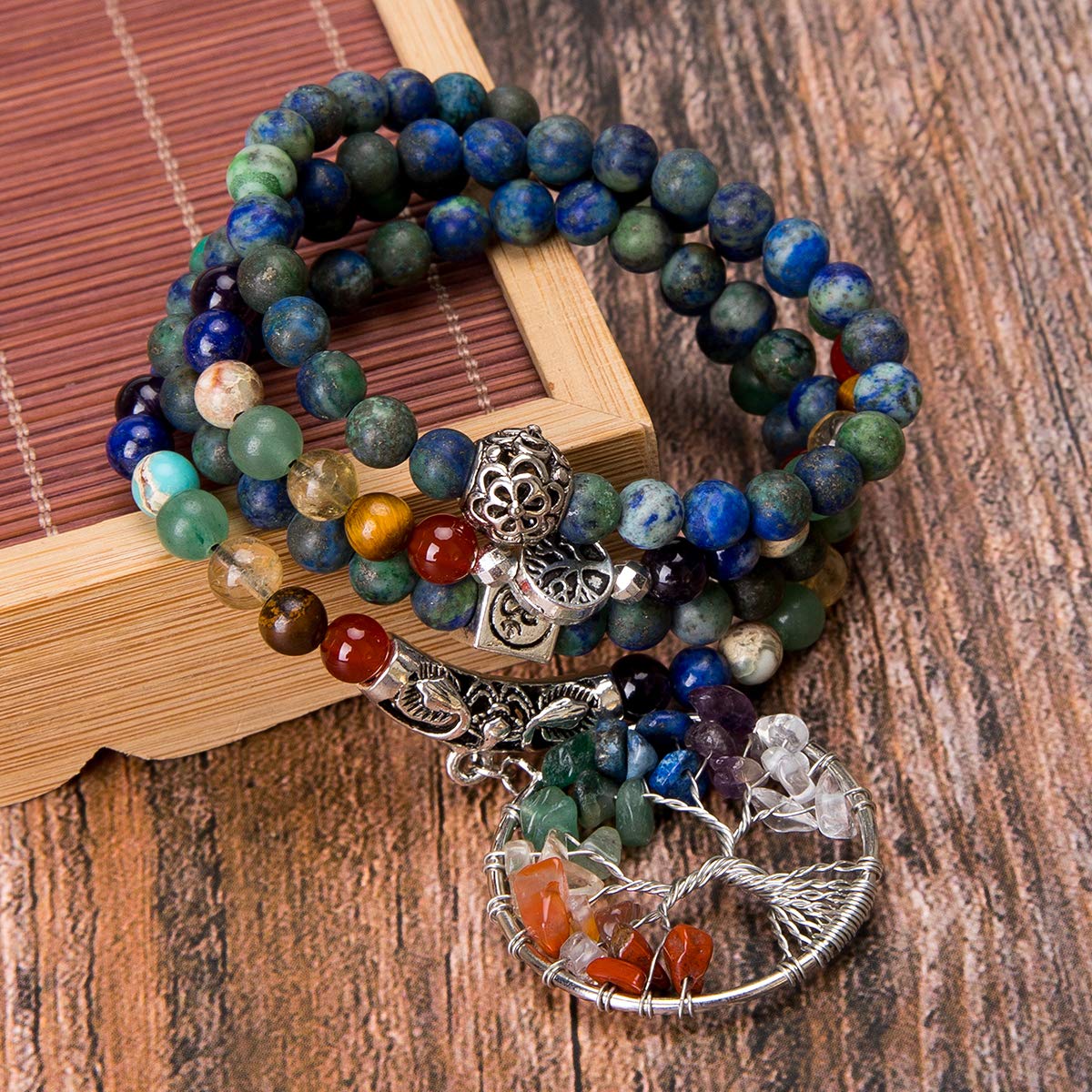 Bivei 108 Mala Beads Bracelet - 7 Chakra Life Tree Real Gemstone Yoga Meditation Mala Prayer Bead Necklace(Azurite Malachite Stone)