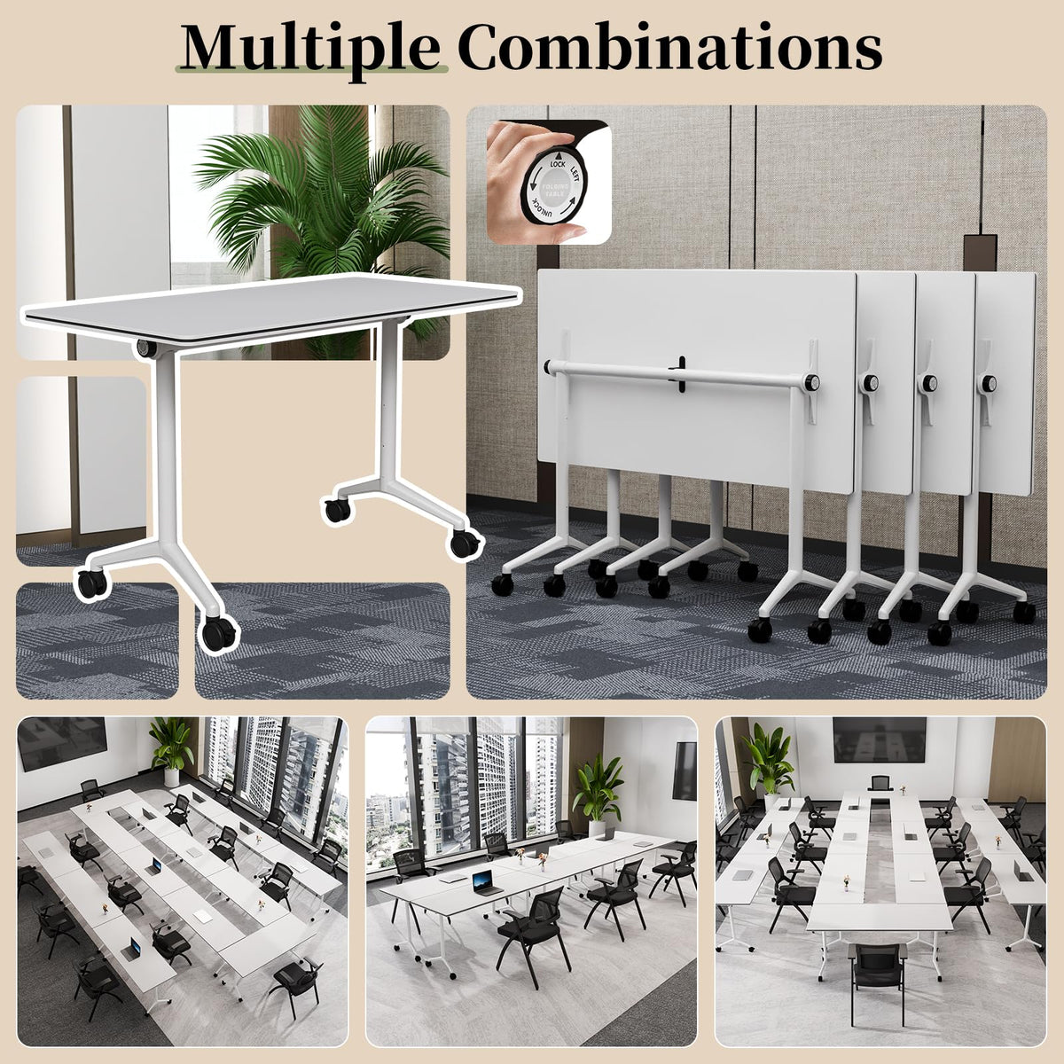 Modular Folding Conference Table with Wheels,6 Pack Mobile Conference Room Tables,Filp Top Rolling Meeting Training Tables for Office,Classroom,Library,Seminar,Boardroom,school(6pack,White,47in)