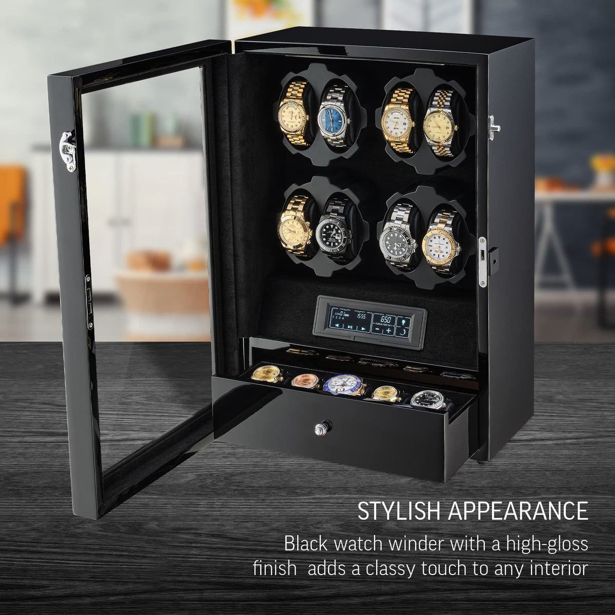 8 Watch Winder with LED Backlight and 5 Watch Storage Drawer