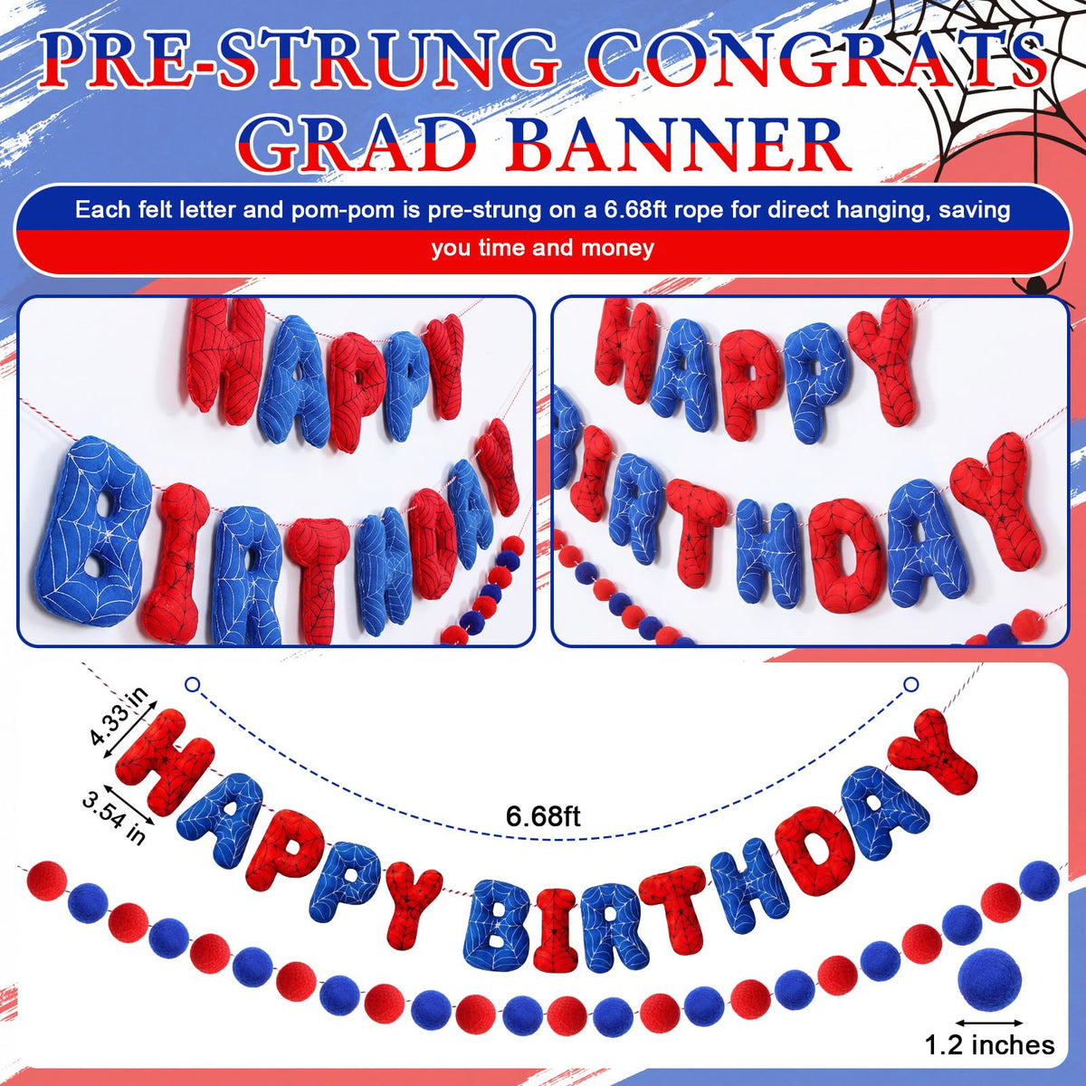 Pre-strung 3D Spider Happy Birthday Banner with Pom Pom Garland Reusable Spider Web Felt Sign for Cartoon Birthday Decorations Movie Hanging Bunting Party Supplies Photo Prop