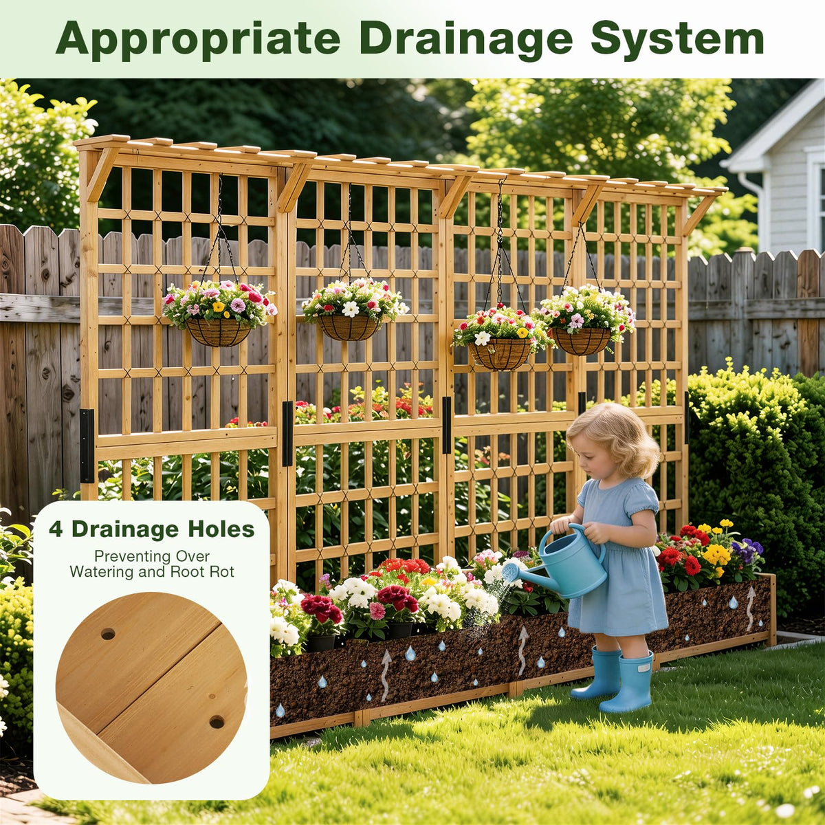 Aoxun 108" Wooden Raised Garden Bed with Trellis & Hanging Roof, 3-Piece Plant Planter Boxes for Climbing Vines, Flowers & Plants