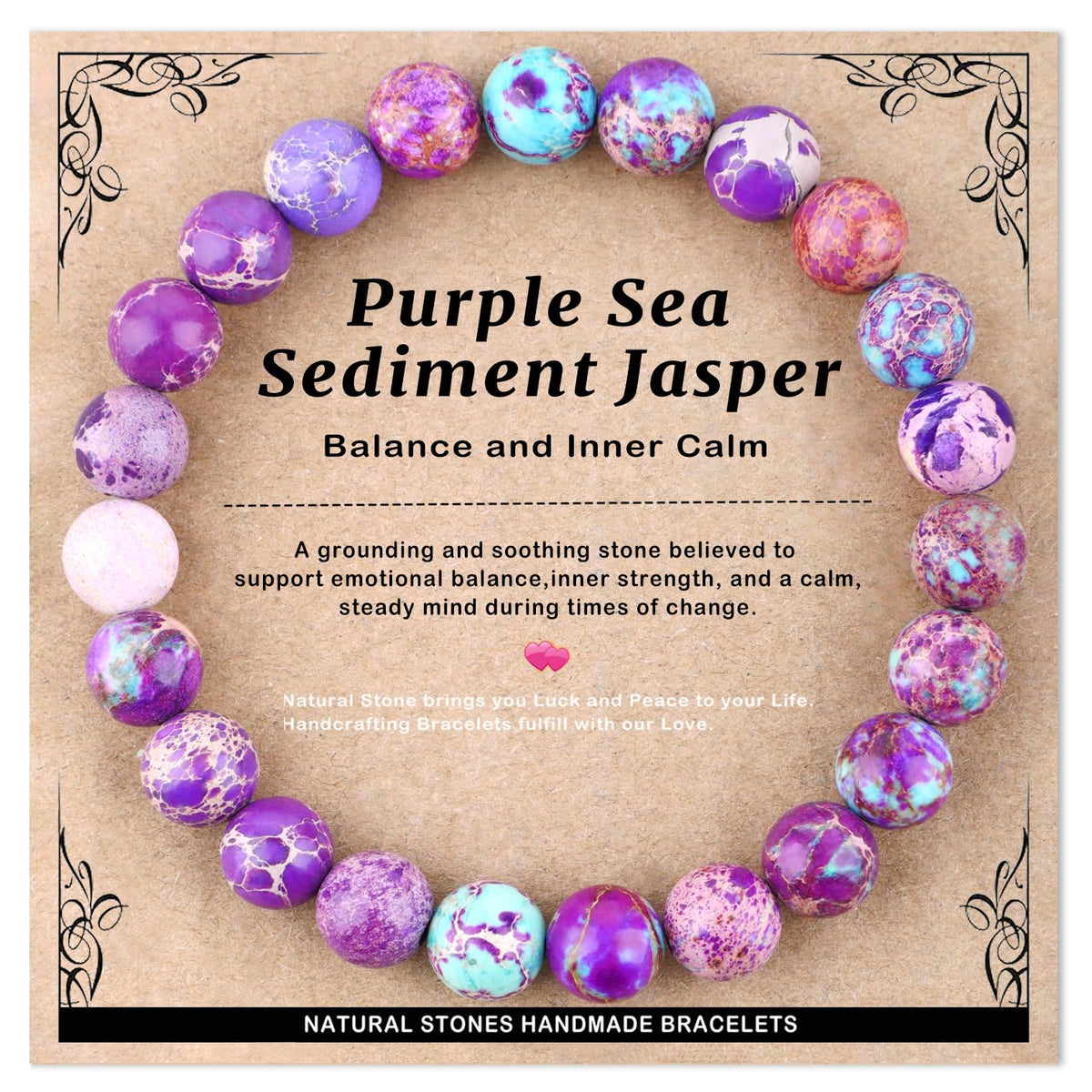 AD Beads 8mm Handmade Purple Sea Sediment Imperial Jasper Elastic Bracelet – Natural Gemstone for Joy & Positivity – Meditation, Yoga, Healing and Energy Gift for Men Women