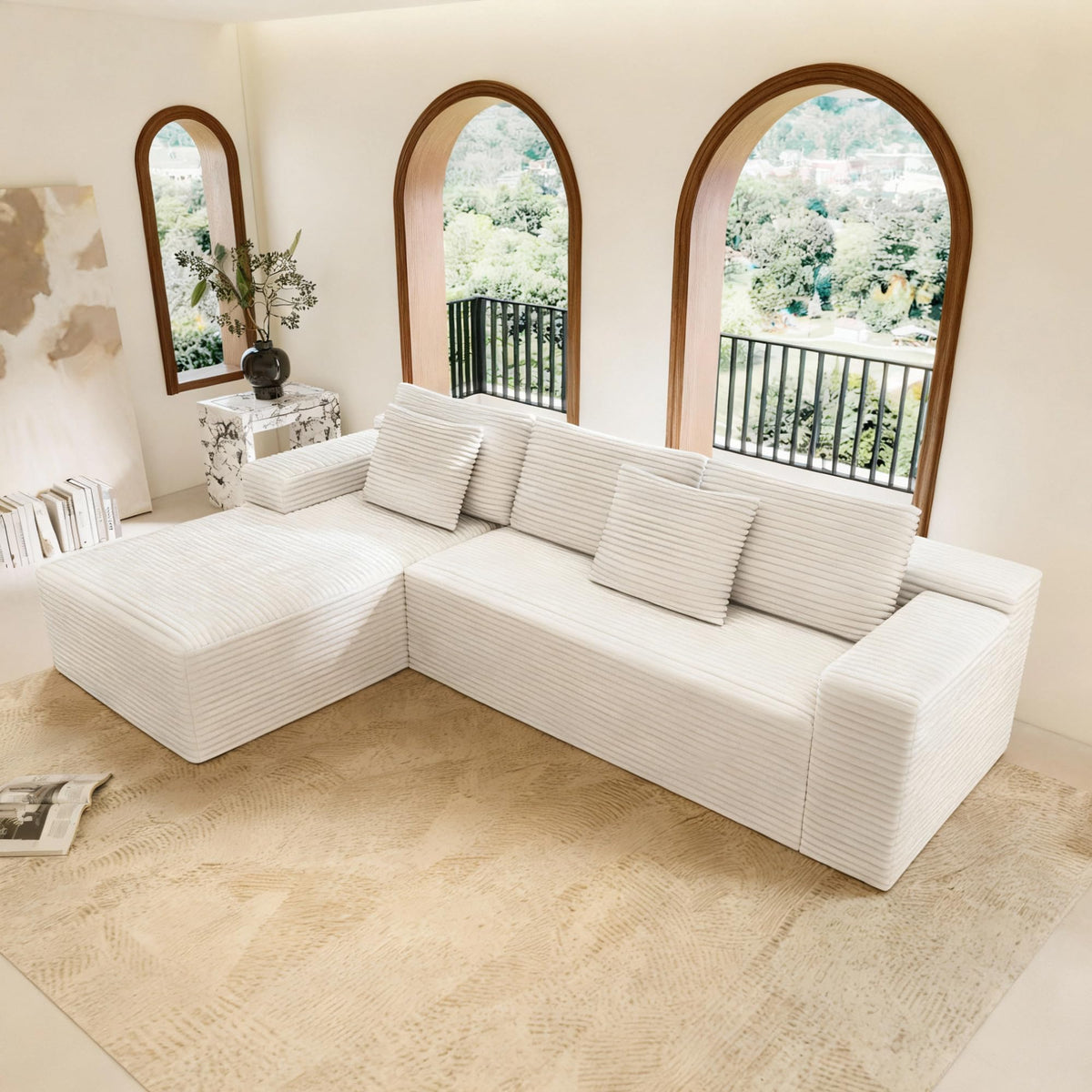 KEIKI 104.3" Modular Sectional Sofa, Compressed Upholstered Sleeper Sofa, Plush Corduroy Cloud Sofa for Living Room, Apartment, Bedroom, Free Combination, No Assembly, Right Chaise, White