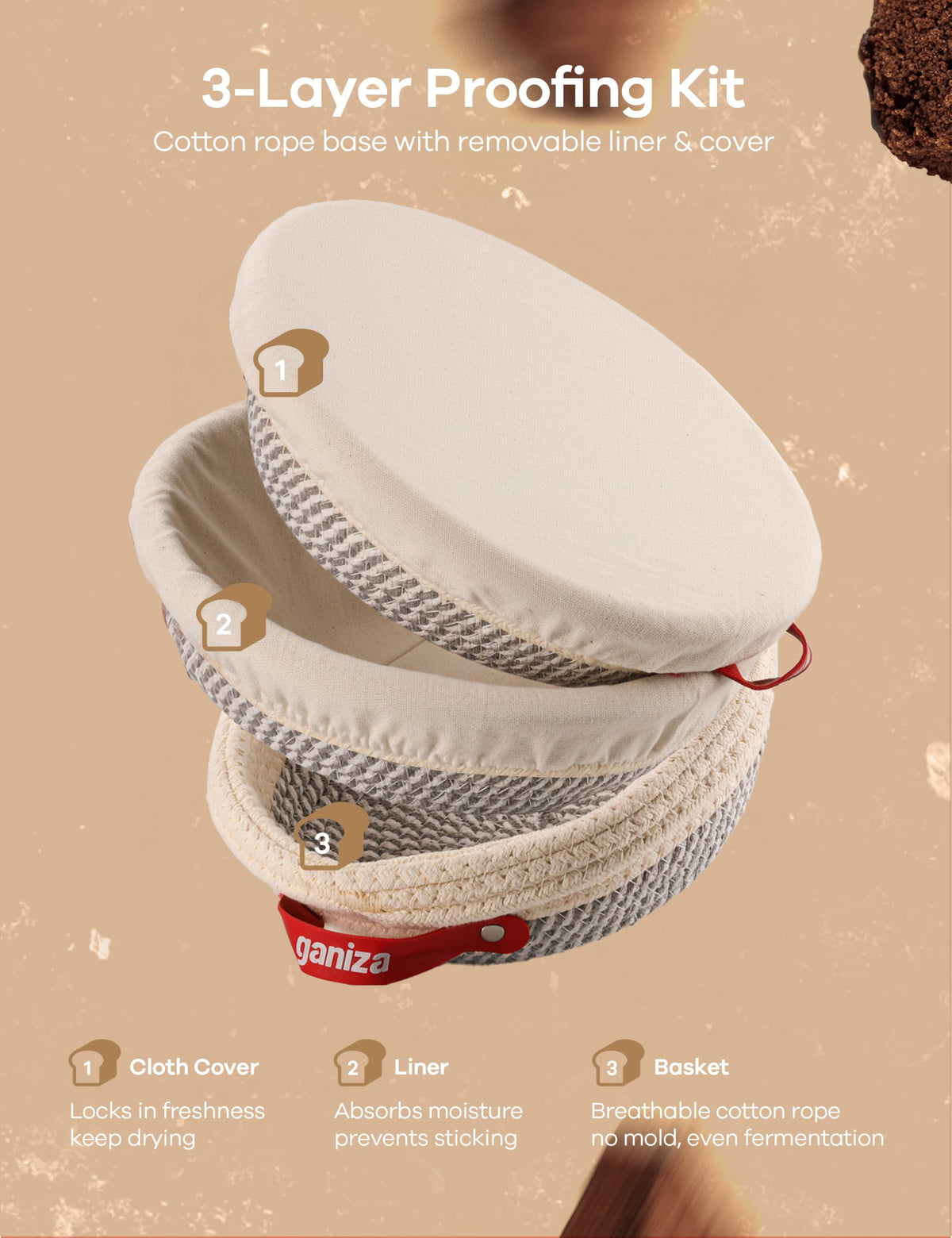 Ganiza Sourdough Starter Kit, Cotton Rope Sourdough Bread Baking Supplies, 9'' Round & 10'' Oval Banneton Basket with Liners & Covers, Sourdough Proofing Basket Kit Gifts for Bakers Women Wife Mom