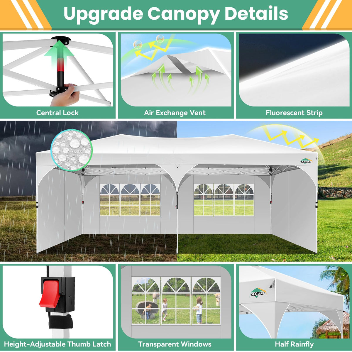 COBIZI 10x20 Pop Up Canopy Tent, Outdoor Party Tent with 4 Sidewalls, 1 Person Easy Set up, Tents for Parties with Fluorescent Strip & 4 Sandbags, Waterproof UPF50+, 3 Adjustable Height, White