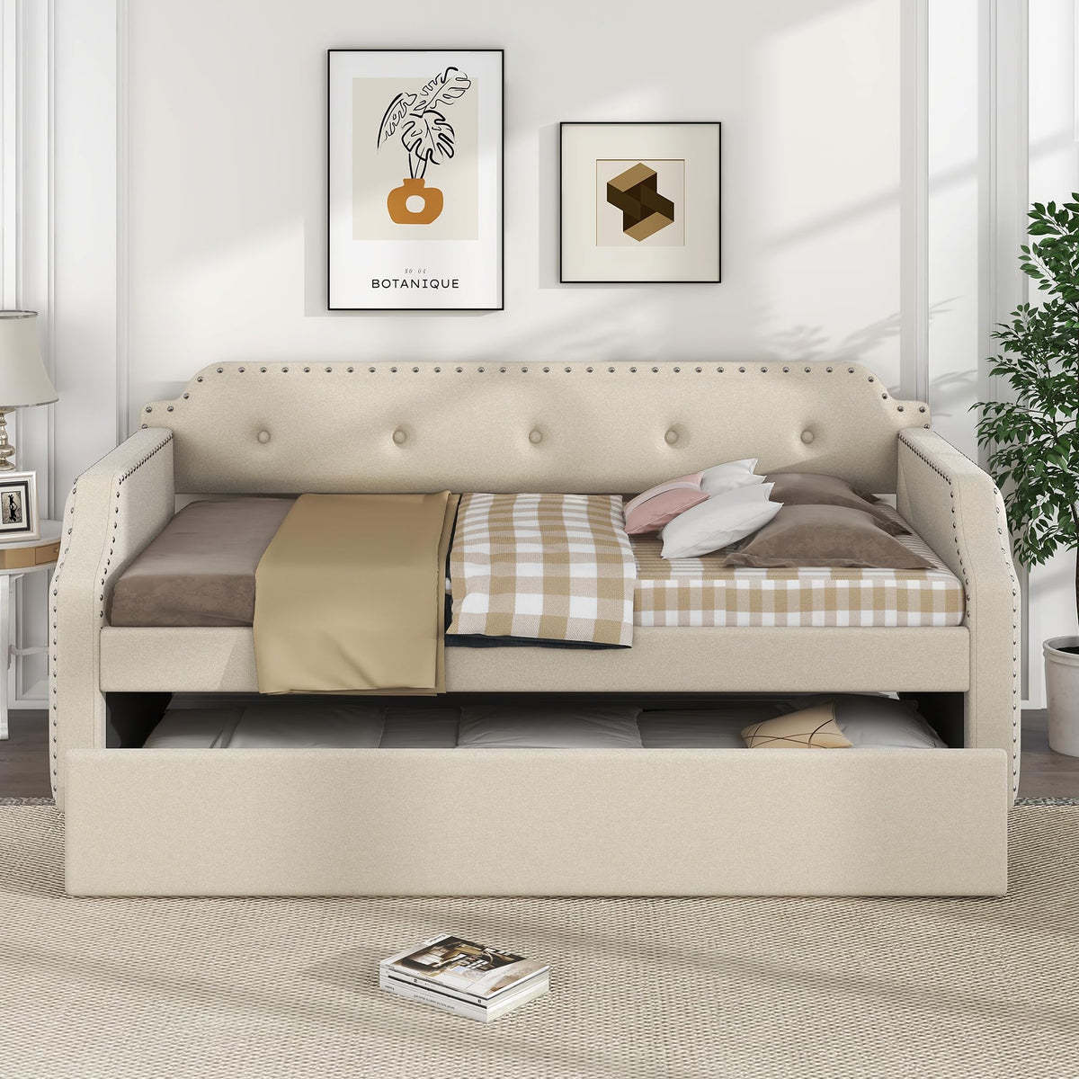 Twin Size Daybed with Trundle, Upholstered daybed Frame with Button Tufted and Nailtrim on Arms, Wood Sofa Bed with Trundle Bed and Caster Design for Living Room, Bedroom, Guest Room, Beige.