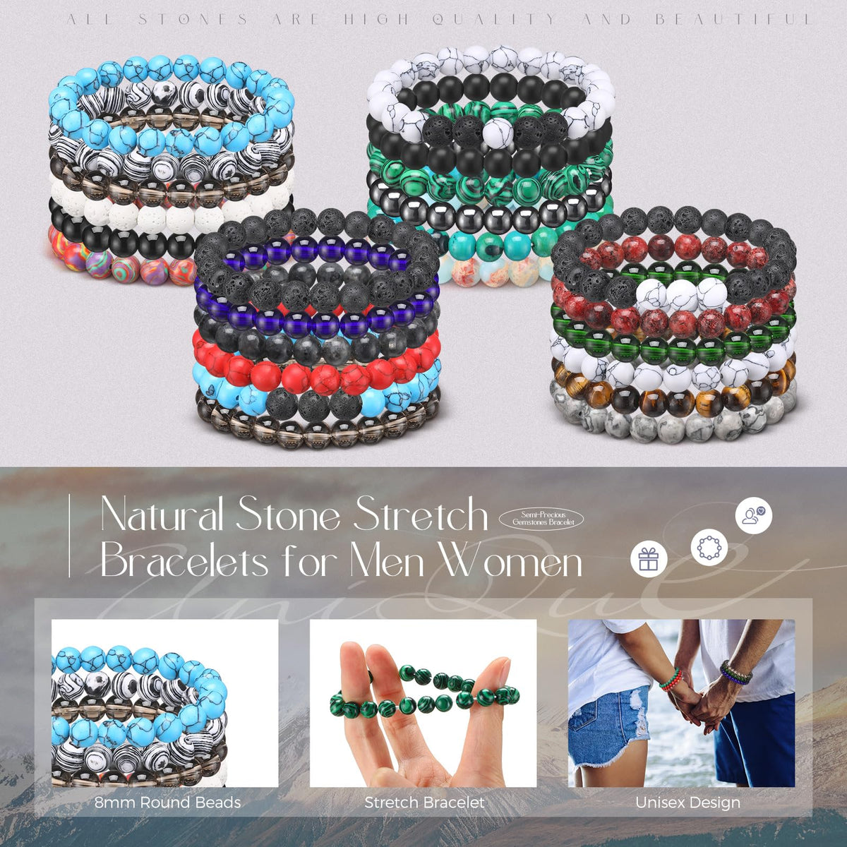 Landical 24 Pcs 8mm Gemstones Beaded Bracelets for Men Women Stretch Round Bead Bracelets Set Healing Crystal Stone Bracelets Semi Precious Bracelets (Classic)