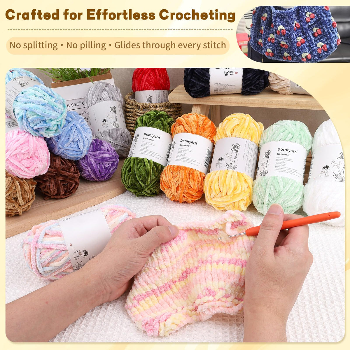 Reessy Velvet Chenille Yarn Pack – 6 Skeins × 100g Super Bulky (CYC #6) – Soft Velvet Chunky for Crocheting & Knitting, Fluffy Chenille Yarn for Blankets, Scarves & Crafts (White)