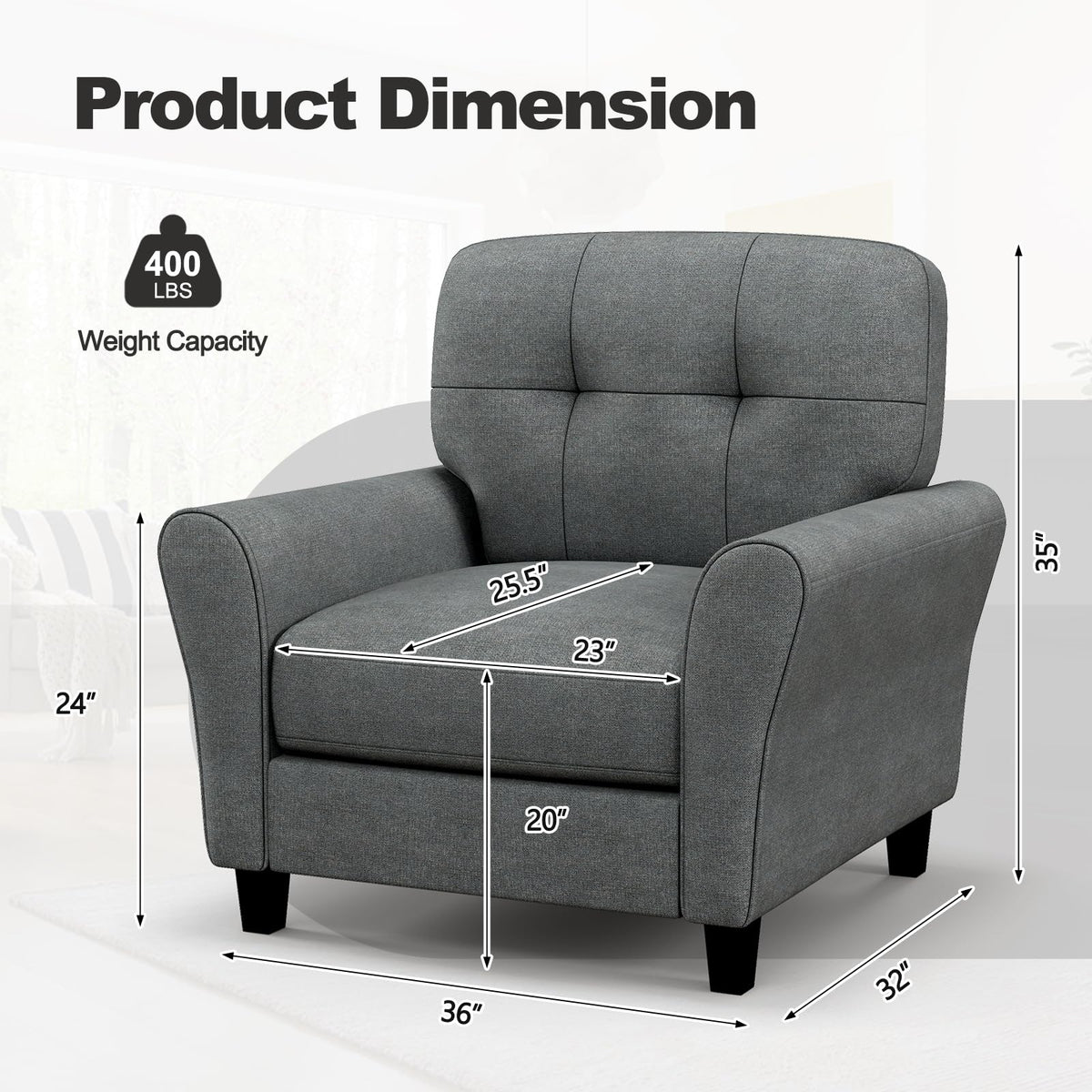 Giantex Modern Mid-Century Accent Chair - Linen Living Room Chair with Tufted Back, 7" Thick Cushion, Max Load 400 lbs, Upholstered Armchair with Non-Slip Foot Pads, Club Chair for Bedroom, Grey