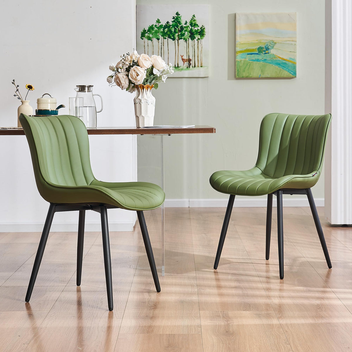 YOUNUOKE Mid-Century Modern Dining Chairs Set of 2, Olive Green Faux Leather Upholstered Accent Chairs with Black Metal Legs, Armless Side Chair for Dining Room, Guest Reception Room