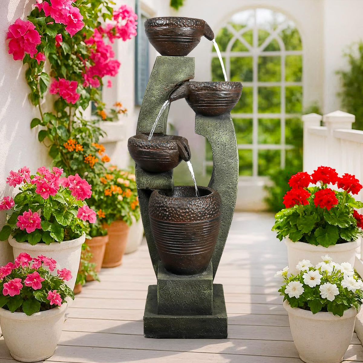 Naturefalls 40" Tall Outdoor Water Fountain and Waterfalls - Large Garden Fountain with LED Lights, 4-Tier Crocks, Indoor and Outdoor Fountains for Garden, Patio, Deck, Porch, Backyard and Home, Gray