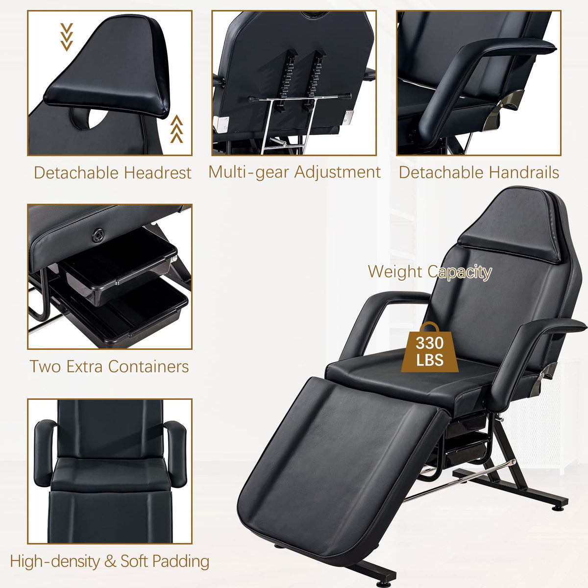 Konsilsa Multi-Purpose 3-Section Facial Bed Table with Hydraulic Stool - Adjustable Beauty Salon Tattoo Chair, Esthetician Spa Equipment, Two Removable Trays for Massage, Facial Lash Treatments
