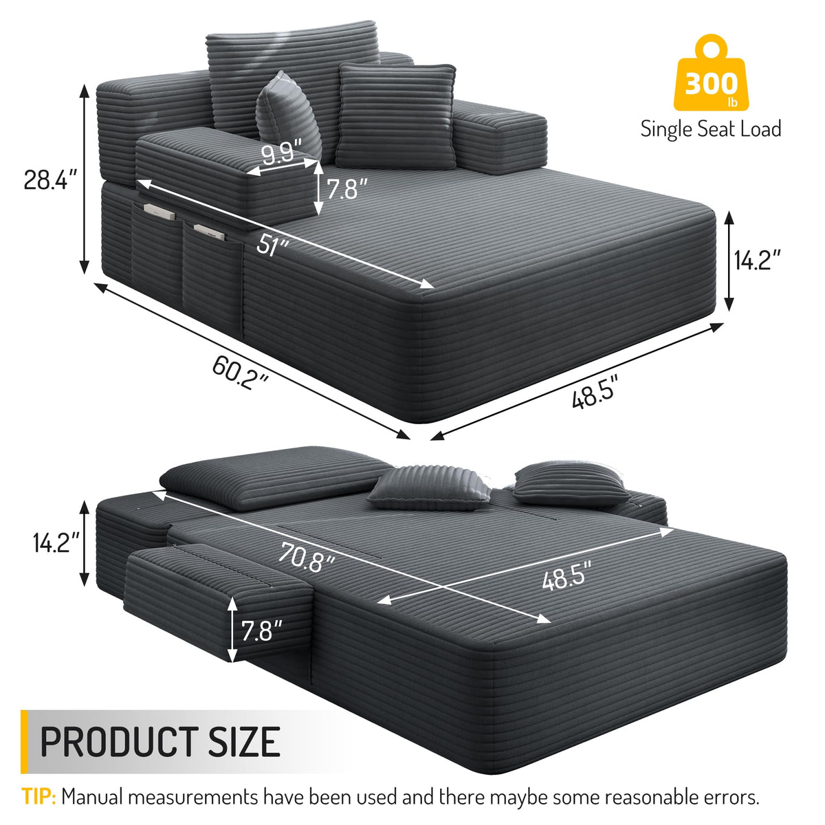 48.5" Boneless Chaise Lounge Chair Sofa Bed Indoor with Zip-Down Convertible Armrests & Backrest, Oversized Cloud Upholstered Compression Sleeper Couch Reading Chairs w/Side Pockets