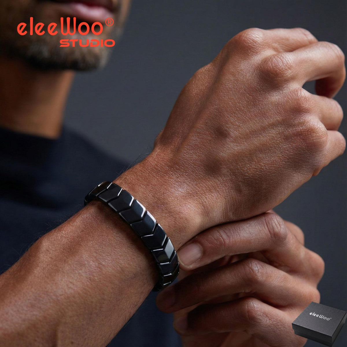 eleewoo Handmade 15mm Arrow Black Tourmaline Bracelet for Men Women, Bold Statement Grounding & Protection Crystal Jewelry, Beaded Stretch Bracelet in Premium Gift Pouch