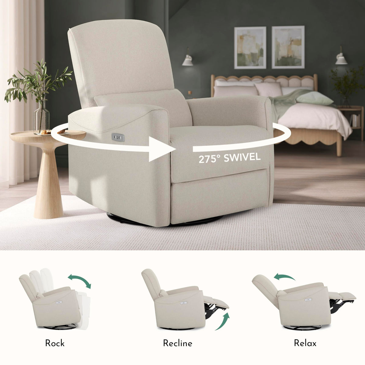 Evolur Belmont Nursery Glider Chair with Massager in Light Sand, Power Recliner with 275° Swivel, Lumbar Support Modern Rocking Chair for Baby Room, Nursery & Living Room