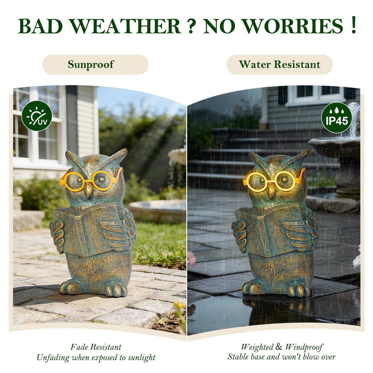 zuzuzen Reading Owl Statue with Solar Glasses Bronze Resin Garden Decoration Outdoor Figurine Light for Patio, Yard, Lawn, Housewarming Home Decor Gift for Women