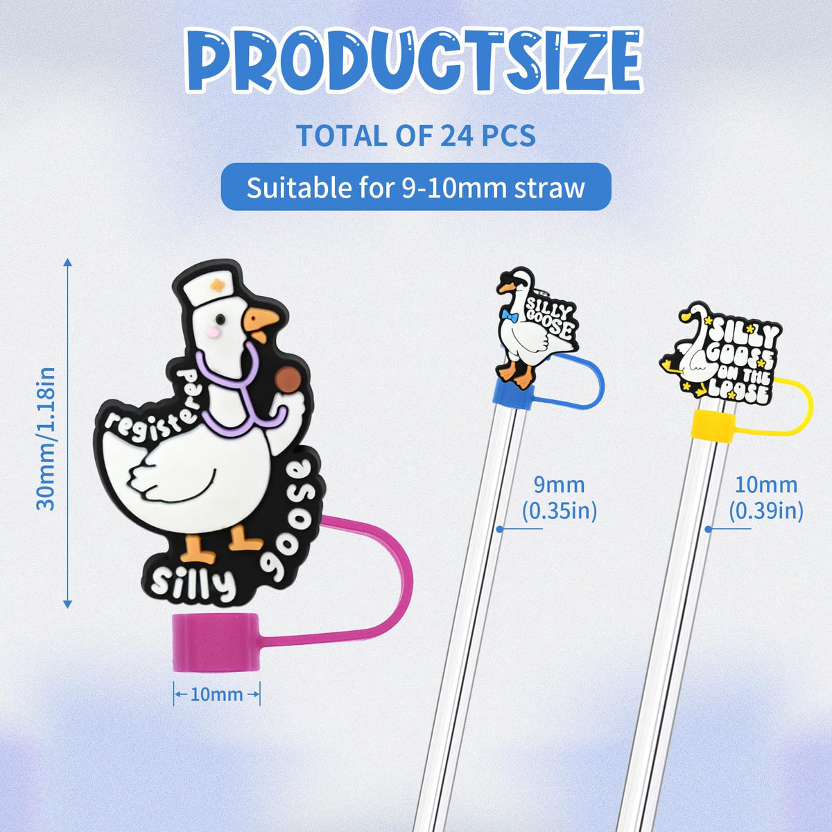 24PCS Silly Goose Straw Cover Cap for Stanley Cup 40oz Cute Tumbler Straw Toppers Bulk Reusable PVC Cute DIY Straws Accessories,fit 0.35-0.4in/10mm Straws Protector Dust-Proof for Party gifts