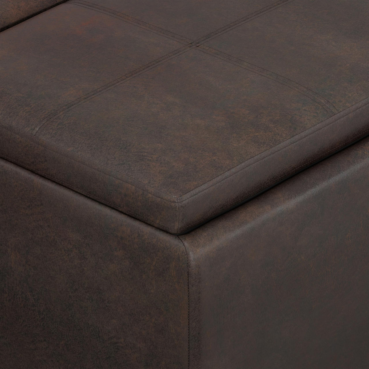 SIMPLIHOME Avalon Storage Ottoman - 42 inch Wide Upholstered Vegan Leather Rectangular Flip-Top Ottoman in Distressed Brown, Contemporary Coffee Table Ottoman for Living Room with Hidden Storage