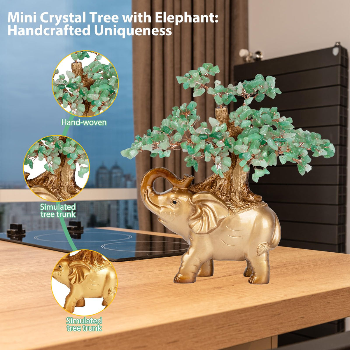 GEMBOURY Green Aventurine Crystal Money Tree on Gold Mini Elephant Statue, 10”Gemstone Bonsai Tree of Life Home Décor Gifts for Wealth Positive Energy, Feng Shui Décor
