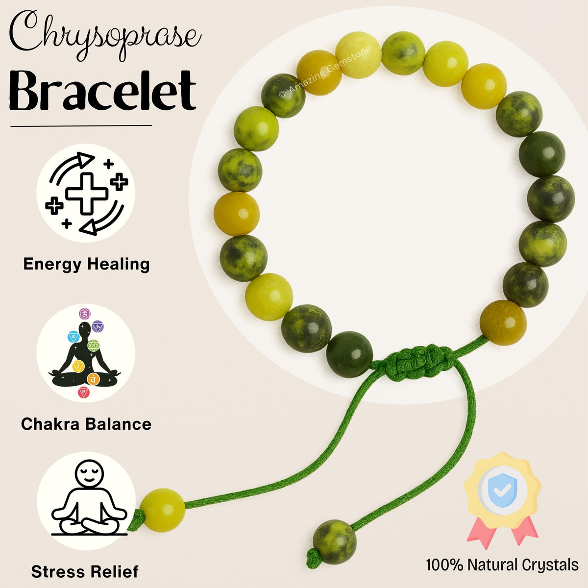 Amazing Gemstone Chrysoprase Bracelet, Gifts For Men & Women - Protection Healing Crystal Bracelet - 8mm Gemstone Beaded Adjustable Bracelet, Pulseras Para Hombres Mujer Stocking Stuffers