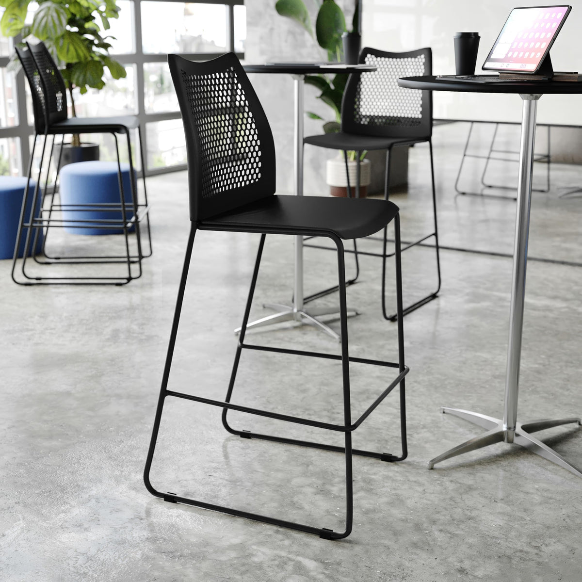 Flash Furniture Hercules Stacking Bar Height Stool with Vented Backrest and Black Powder Coated Steel Sled Base with Integrated Footrest, Commercial Portable Stool, Set of 3, Black