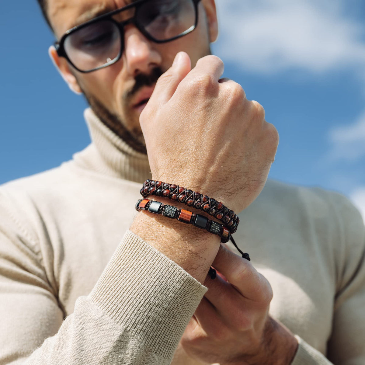 Flat Bead Bracelet, Red Tiger Eye Gemstone Adjustable Bracelets for Men - Beaded Energy Bracelet for Confidence and Passion, Handcrafted Men's Jewelry Gifts for Men